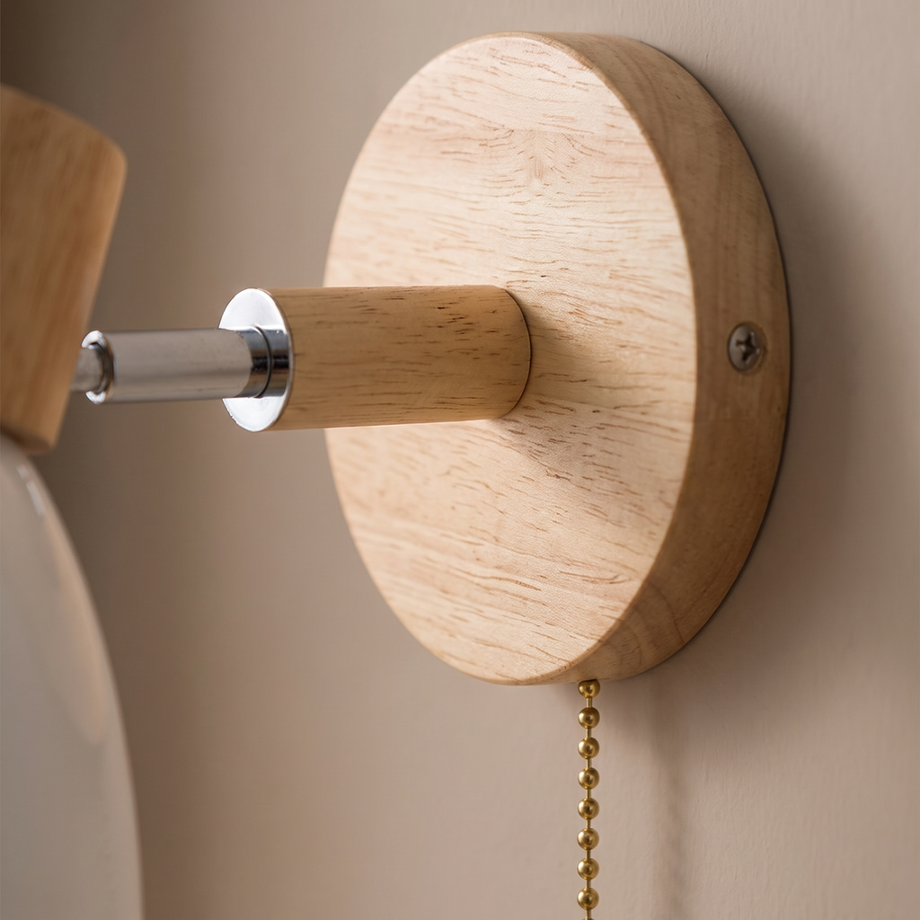 Viborg Wooden Wall Lamp with Pull Chain, Metal Shade, detail