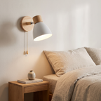 Viborg Wooden Wall Lamp with Pull Chain, Metal Shade in a room