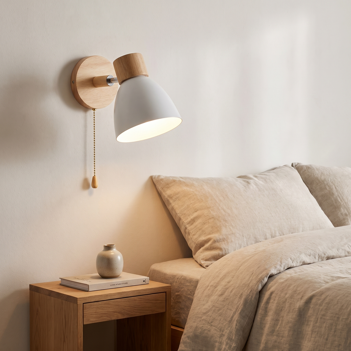 Viborg Wooden Wall Lamp with Pull Chain, Metal Shade in a room