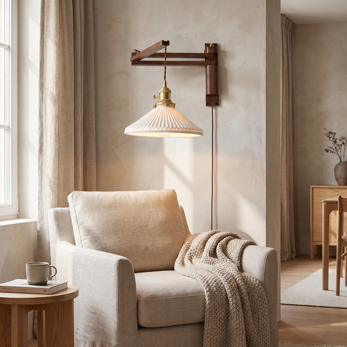 Silkeborg Walnut Swing Arm Wall Lamp, Plug In, Pleated Ceramic Shade in a room