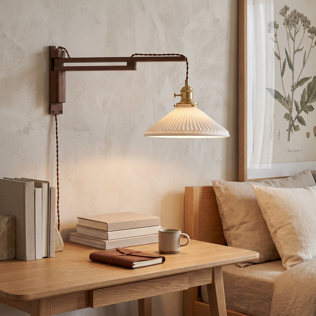 Silkeborg Walnut Swing Arm Wall Lamp, Plug In, Pleated Ceramic Shade in a room