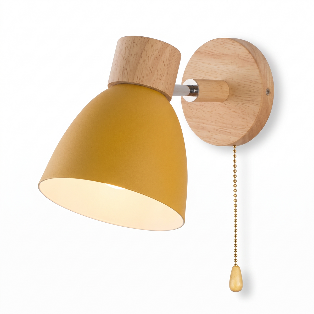 Viborg Wooden Wall Lamp with Pull Chain, Metal Shade, Mustard