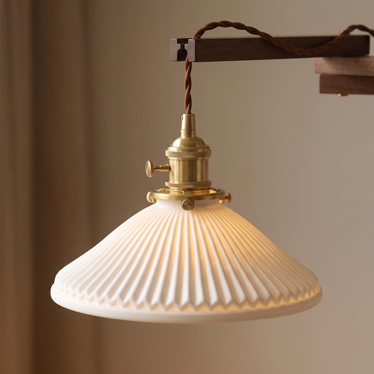 Silkeborg Walnut Swing Arm Wall Lamp, Plug In, Pleated Ceramic Shade, detail