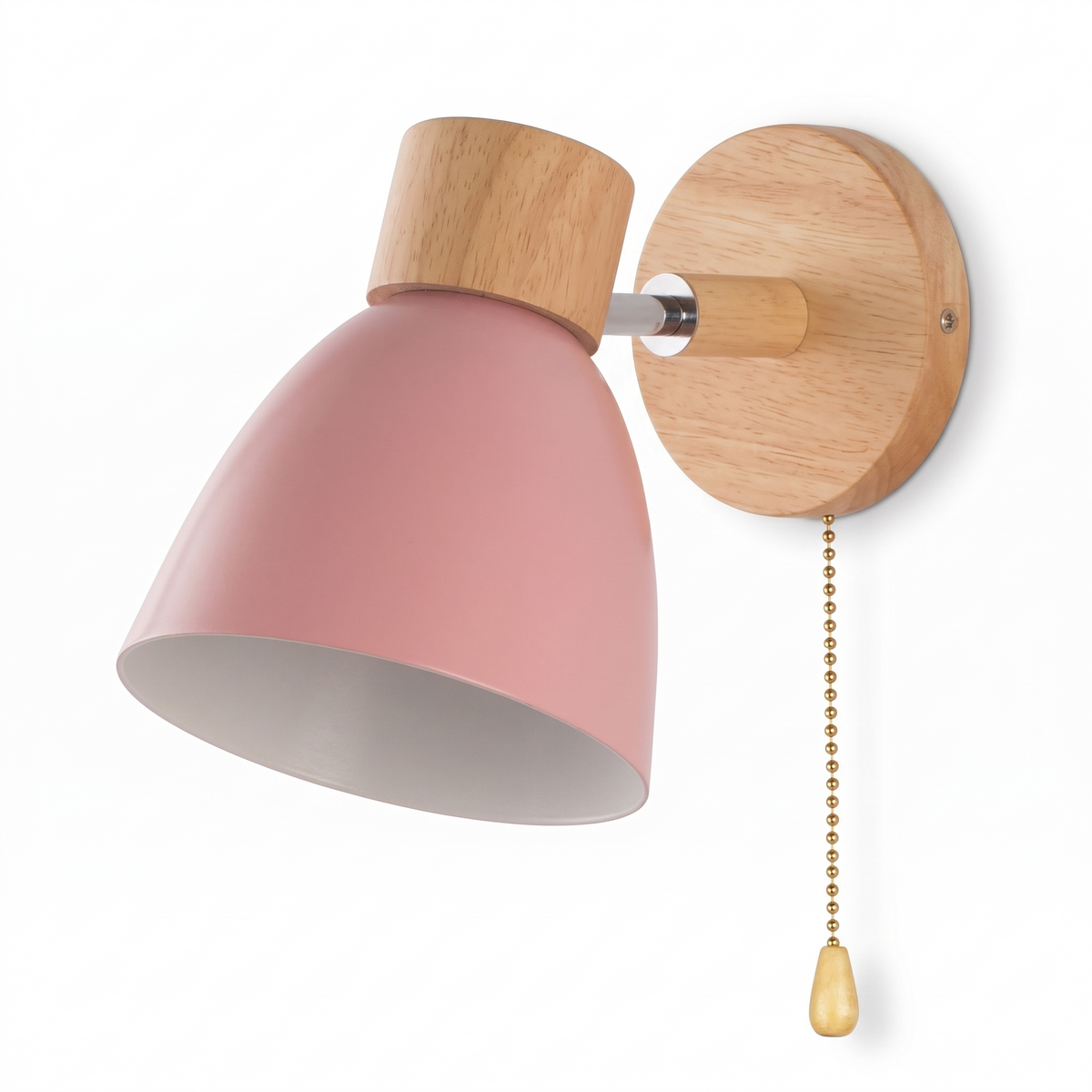 Viborg Wooden Wall Lamp with Pull Chain, Metal Shade, Blush Pink