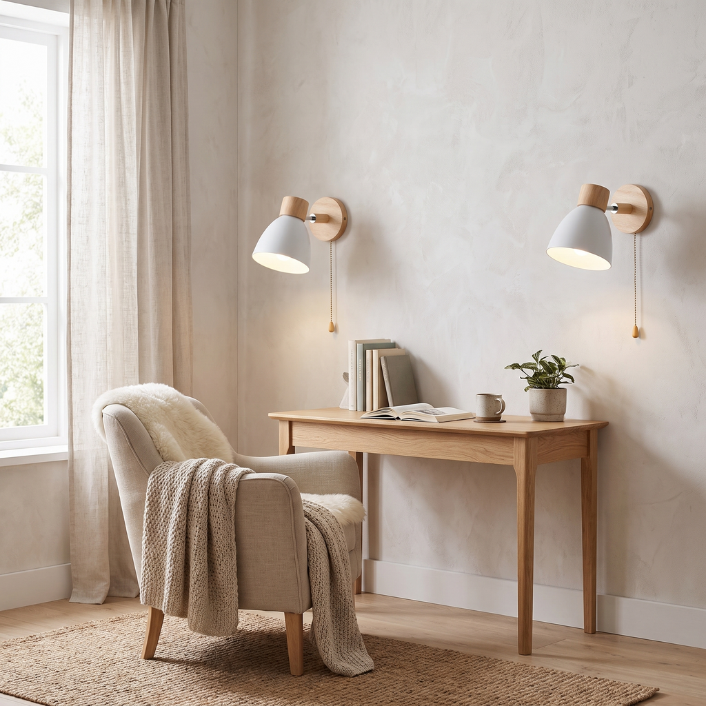 Viborg Wooden Wall Lamp with Pull Chain, Metal Shade in a room