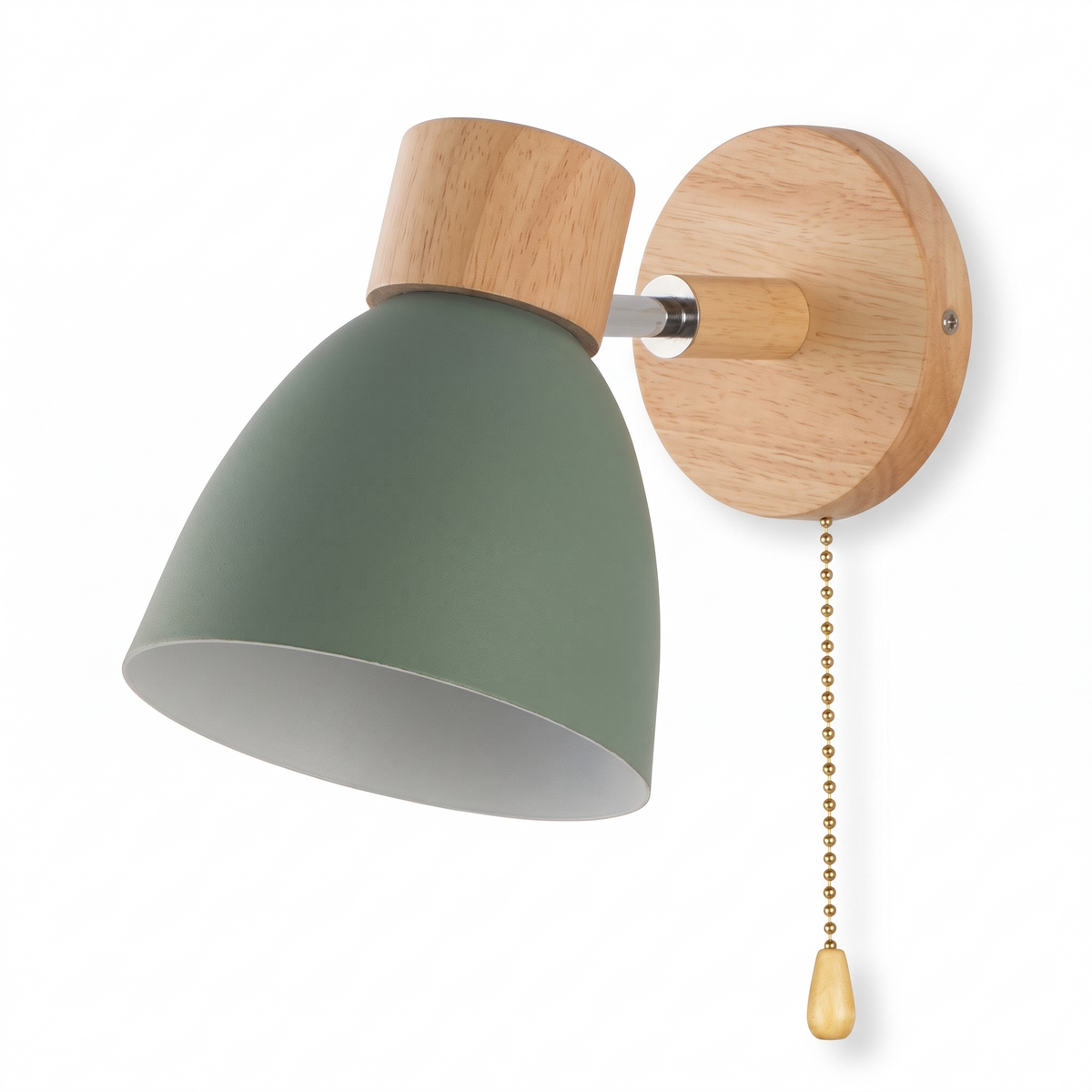 Viborg Wooden Wall Lamp with Pull Chain, Metal Shade, Sage Green