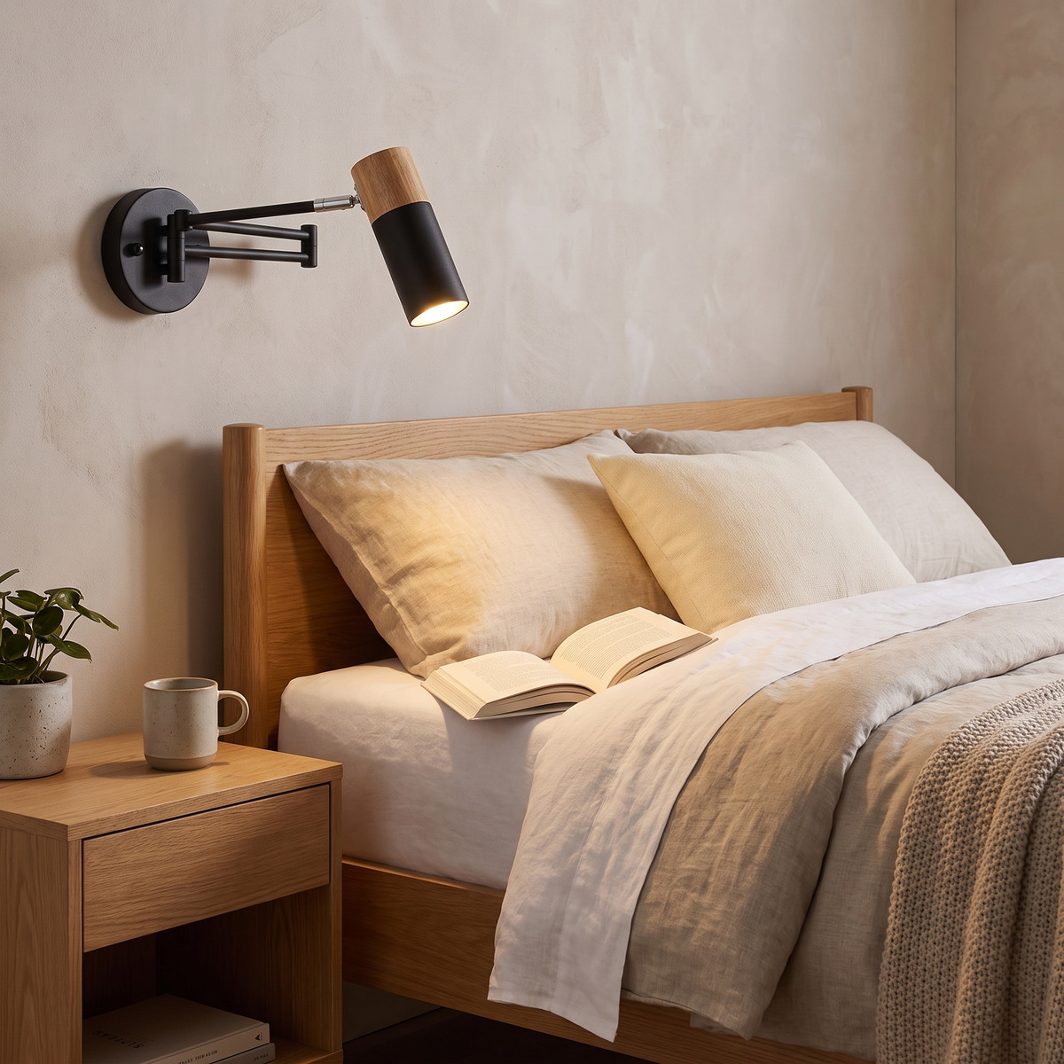 Horsens Swing Arm Wall Reading Light, Wood Cap, LED in a room