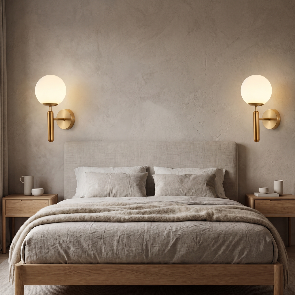 Coburg Opal Glass Globe Wall Light on Metal Column in a room