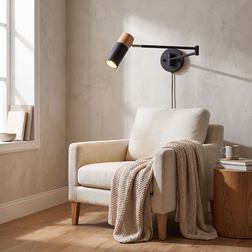 Horsens Swing Arm Wall Reading Light, Wood Cap, LED in a room