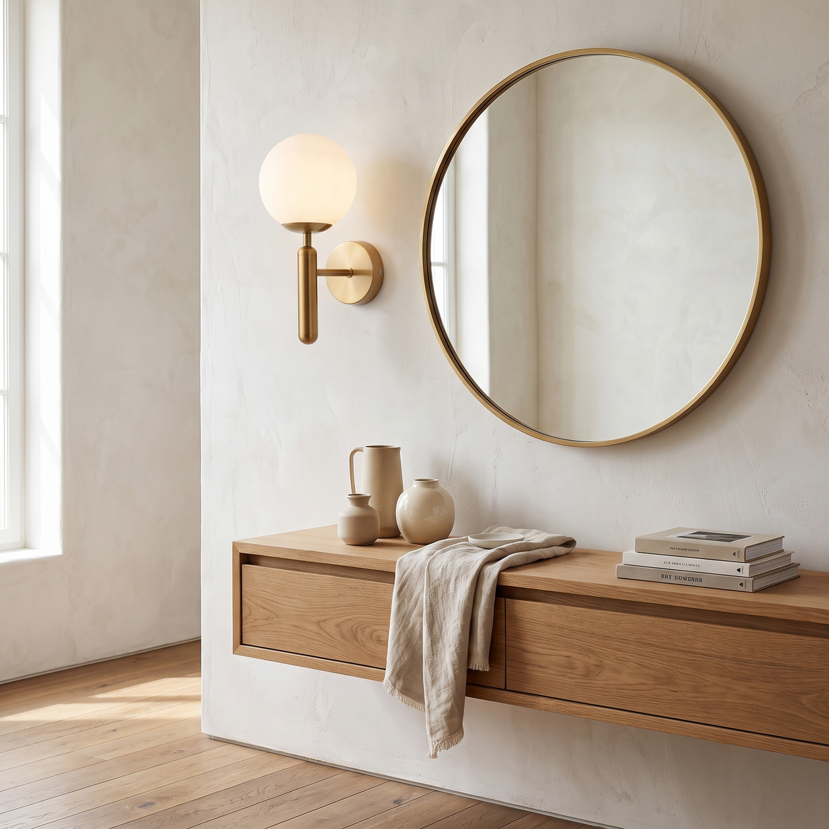 Coburg Opal Glass Globe Wall Light on Metal Column in a room