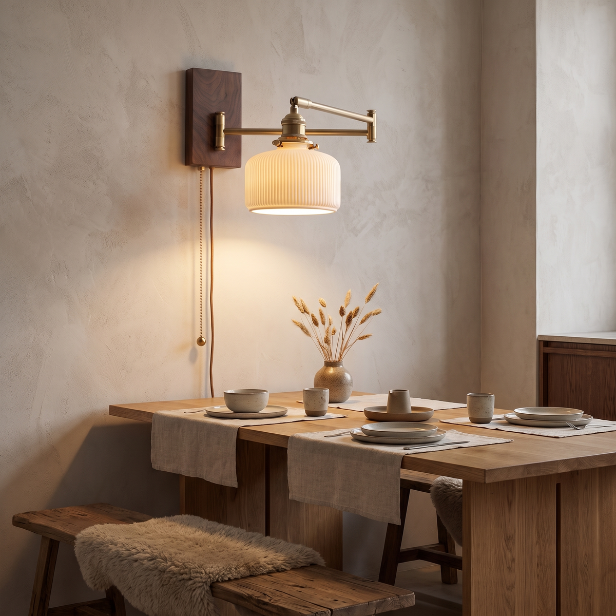 Roros Walnut and Brass Swing Arm Wall Lamp, Plug In, Ceramic Shade in a room