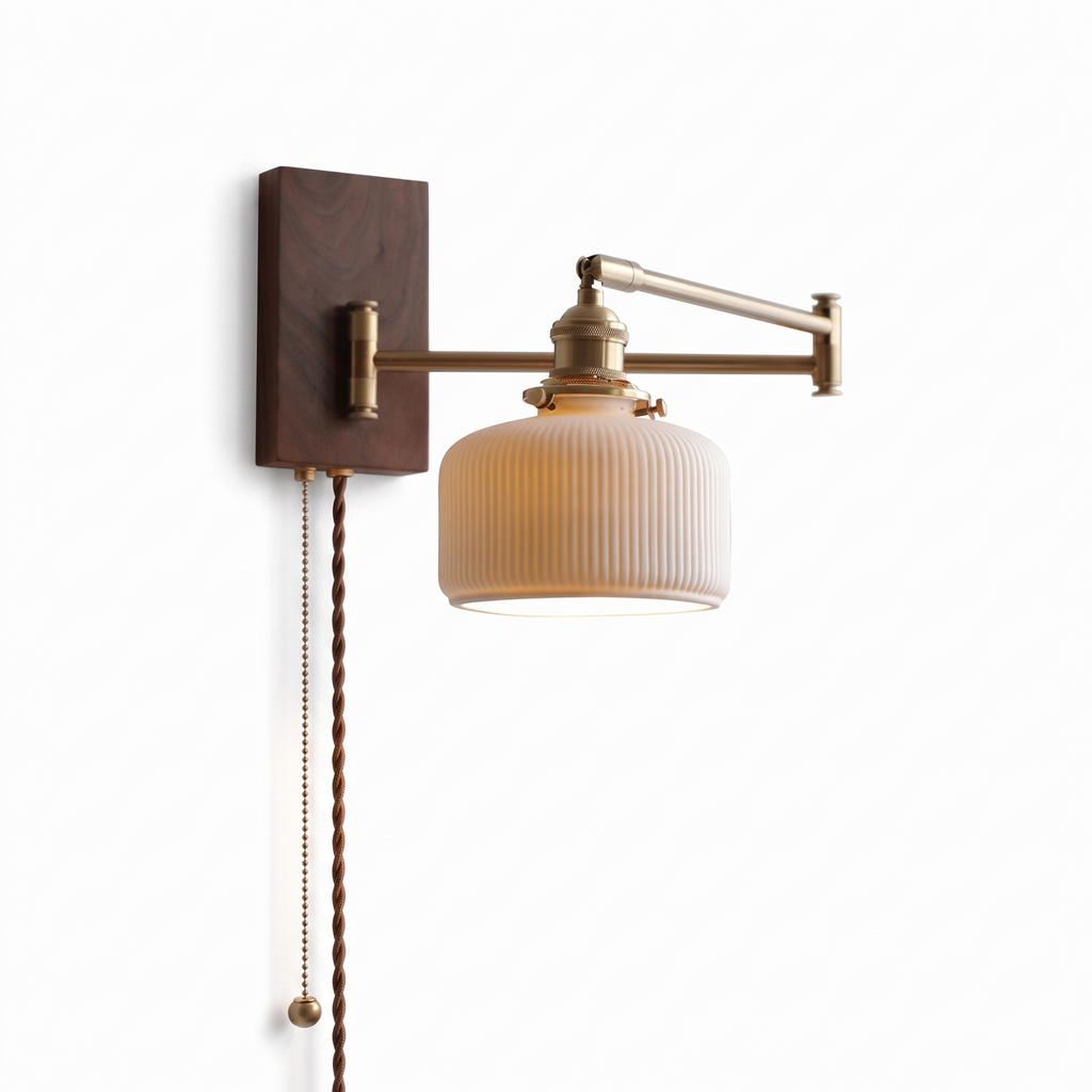 Roros Walnut and Brass Swing Arm Wall Lamp, Plug In, Ceramic Shade, Walnut and Cream