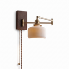 Roros Walnut and Brass Swing Arm Wall Lamp, Plug In, Ceramic Shade, Walnut and Cream