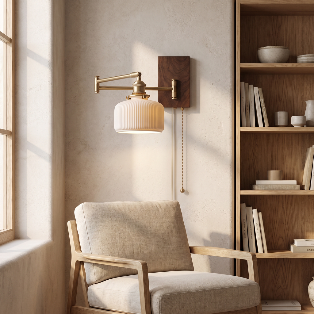 Roros Walnut and Brass Swing Arm Wall Lamp, Plug In, Ceramic Shade in a room