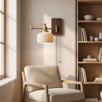 Roros Walnut and Brass Swing Arm Wall Lamp, Plug In, Ceramic Shade in a room