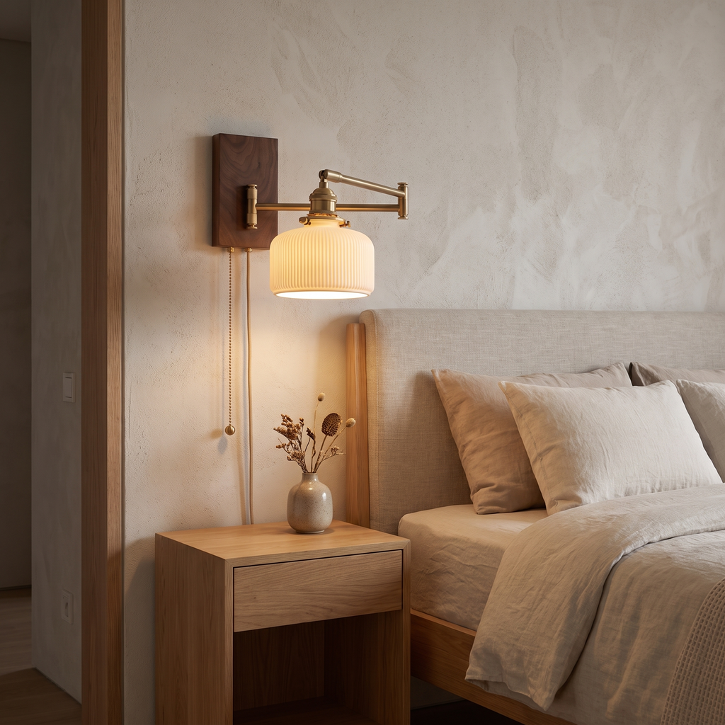 Roros Walnut and Brass Swing Arm Wall Lamp, Plug In, Ceramic Shade in a room