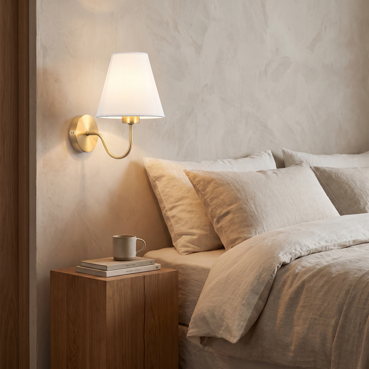 Gotha Curved Arm Wall Sconce, Fabric Shade, Single or Pair in a room
