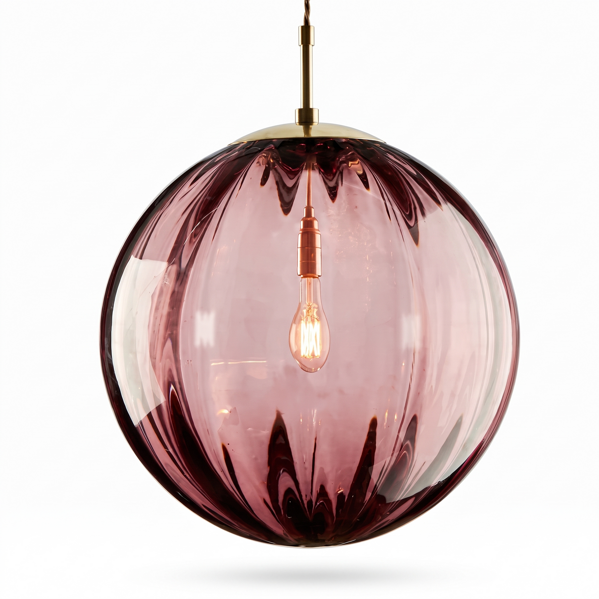 Svendborg Coloured Glass Globe Pendant Light, Ribbed, Rose