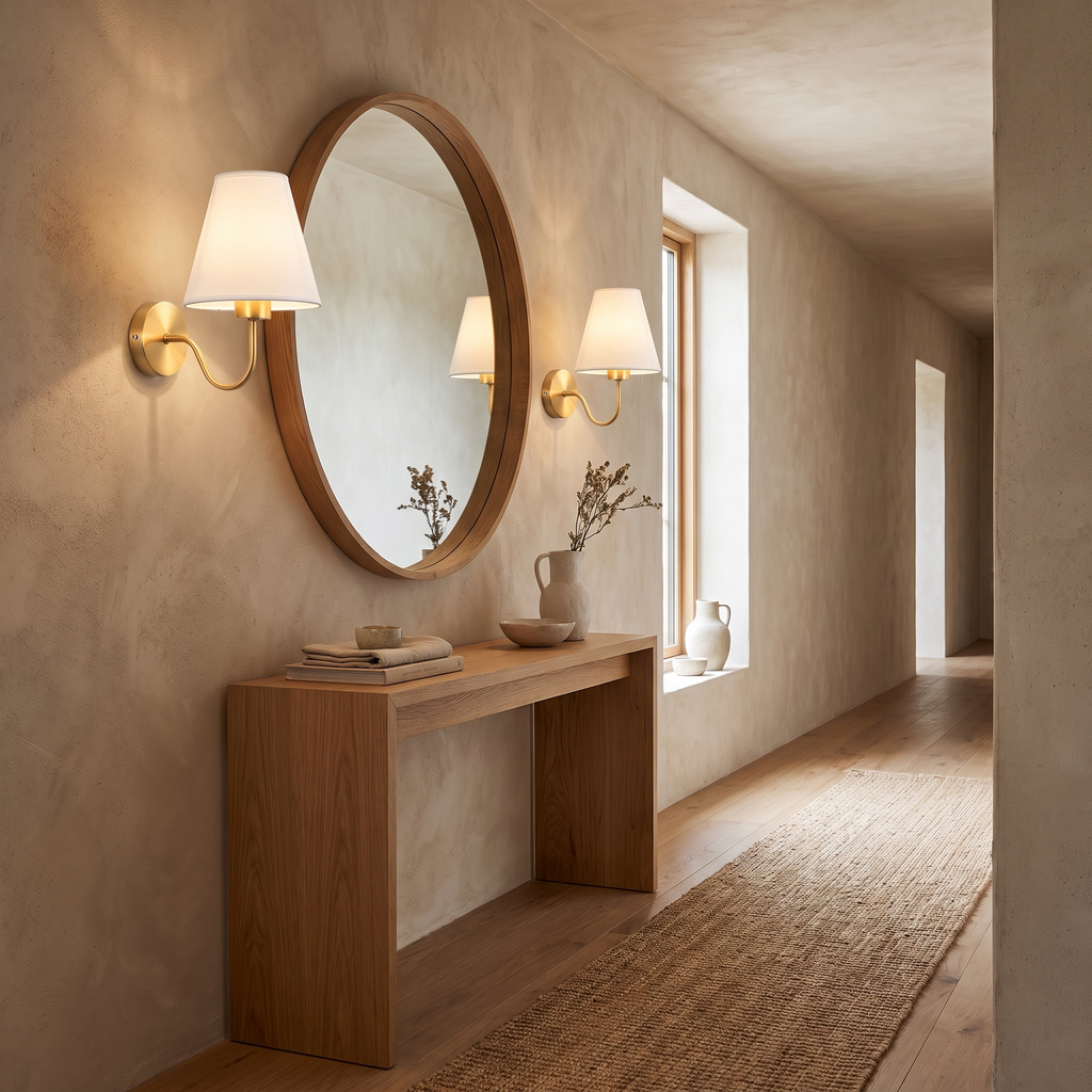 Gotha Curved Arm Wall Sconce, Fabric Shade, Single or Pair in a room