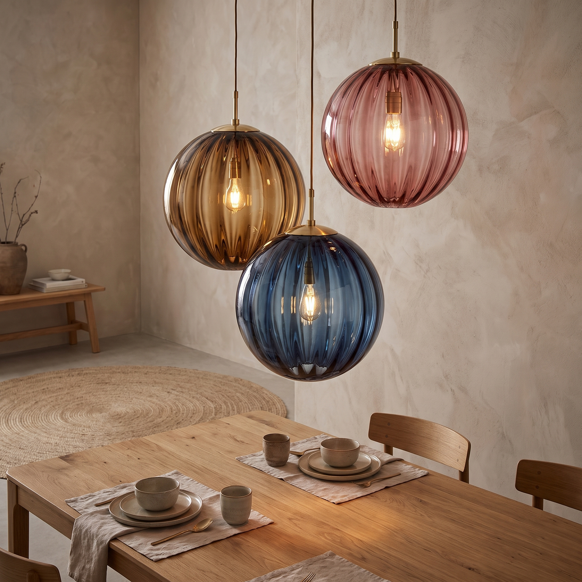 Svendborg Coloured Glass Globe Pendant Light, Ribbed in a room