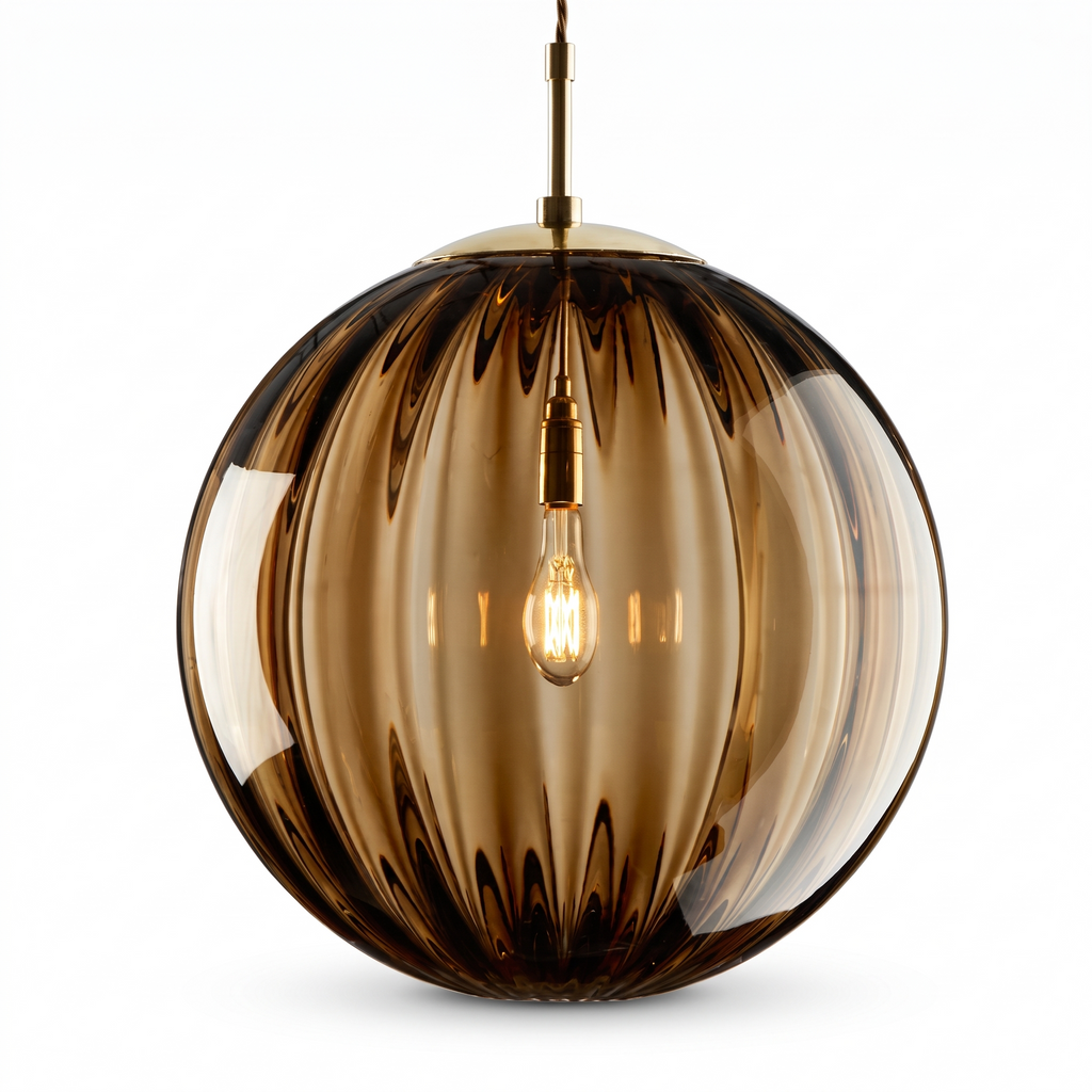 Svendborg Coloured Glass Globe Pendant Light, Ribbed, Amber