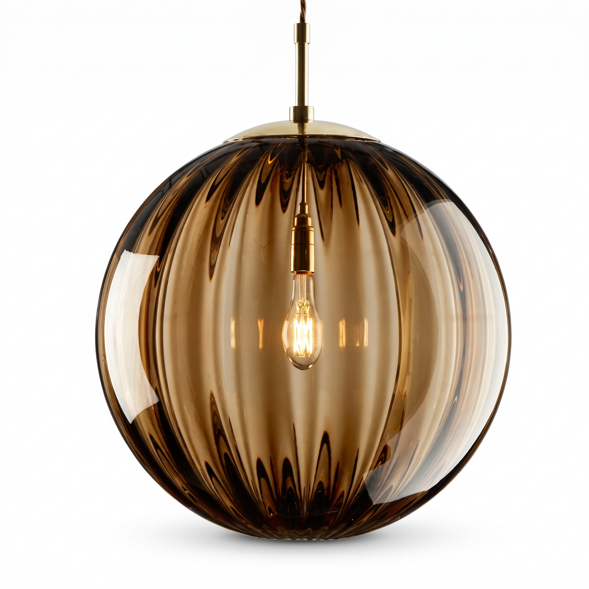 Svendborg Coloured Glass Globe Pendant Light, Ribbed, Amber