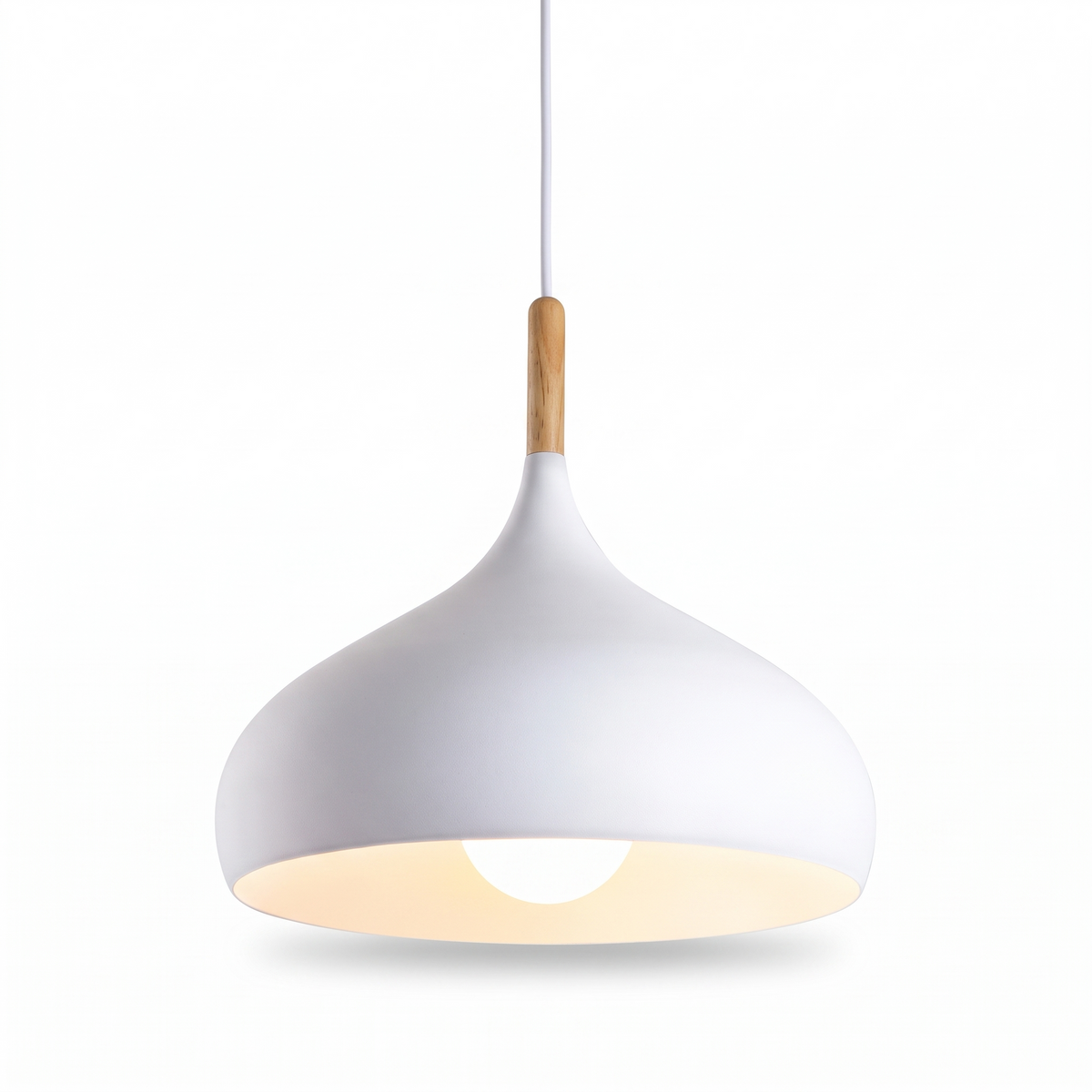 Kalix Metal Dome Pendant Light with Wood Cap, 24cm, White