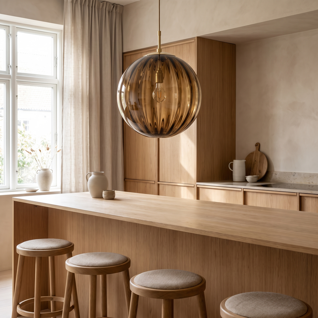 Svendborg Coloured Glass Globe Pendant Light, Ribbed in a room