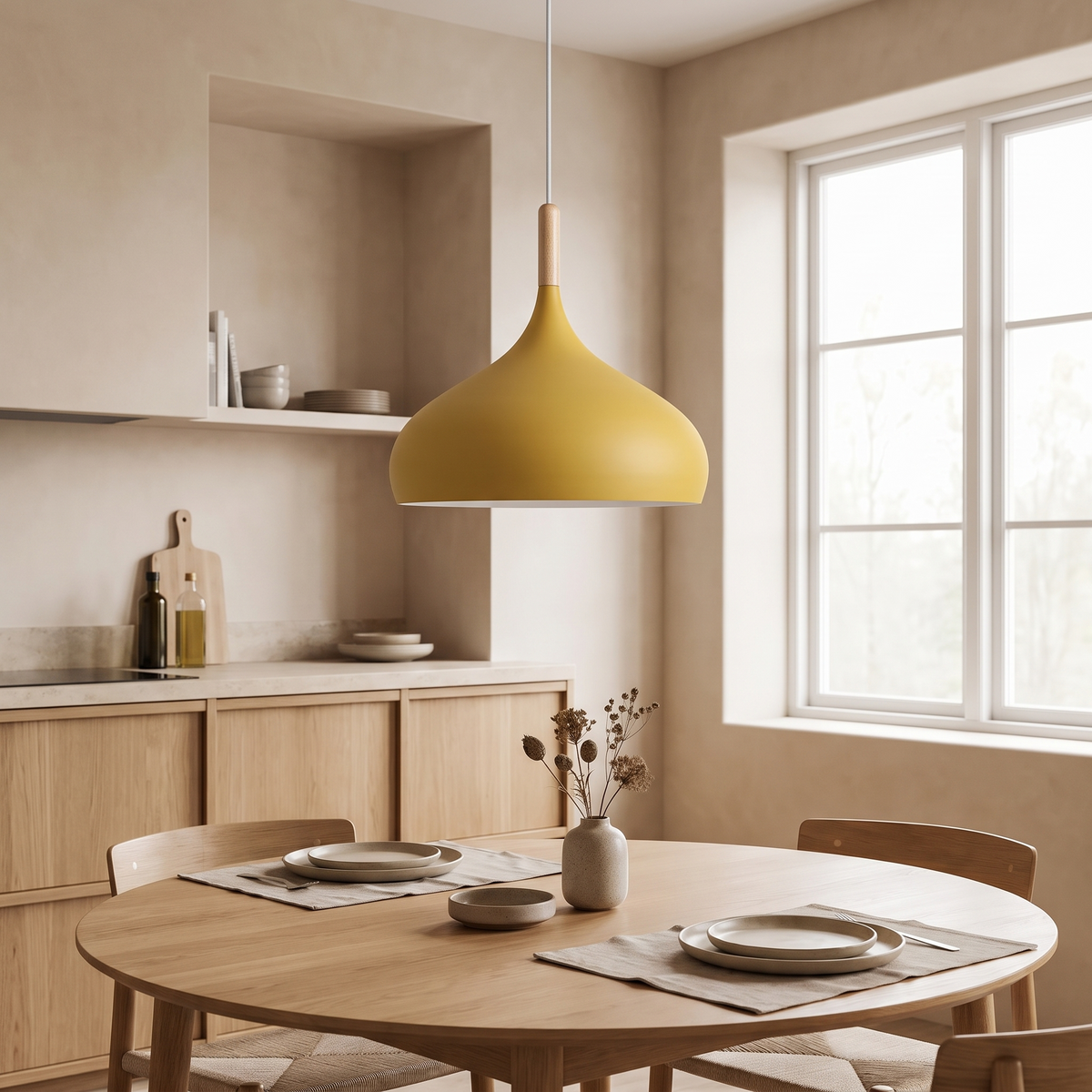 Kalix Metal Dome Pendant Light with Wood Cap, 24cm in a room