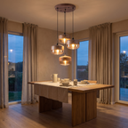 Haderslev Amber Glass Pendant Light, Wood Grain Cap, 4 Shapes in a room