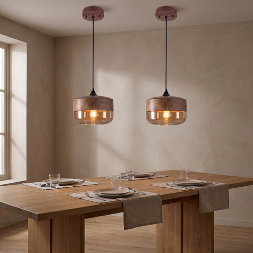 Haderslev Amber Glass Pendant Light, Wood Grain Cap, 4 Shapes in a room