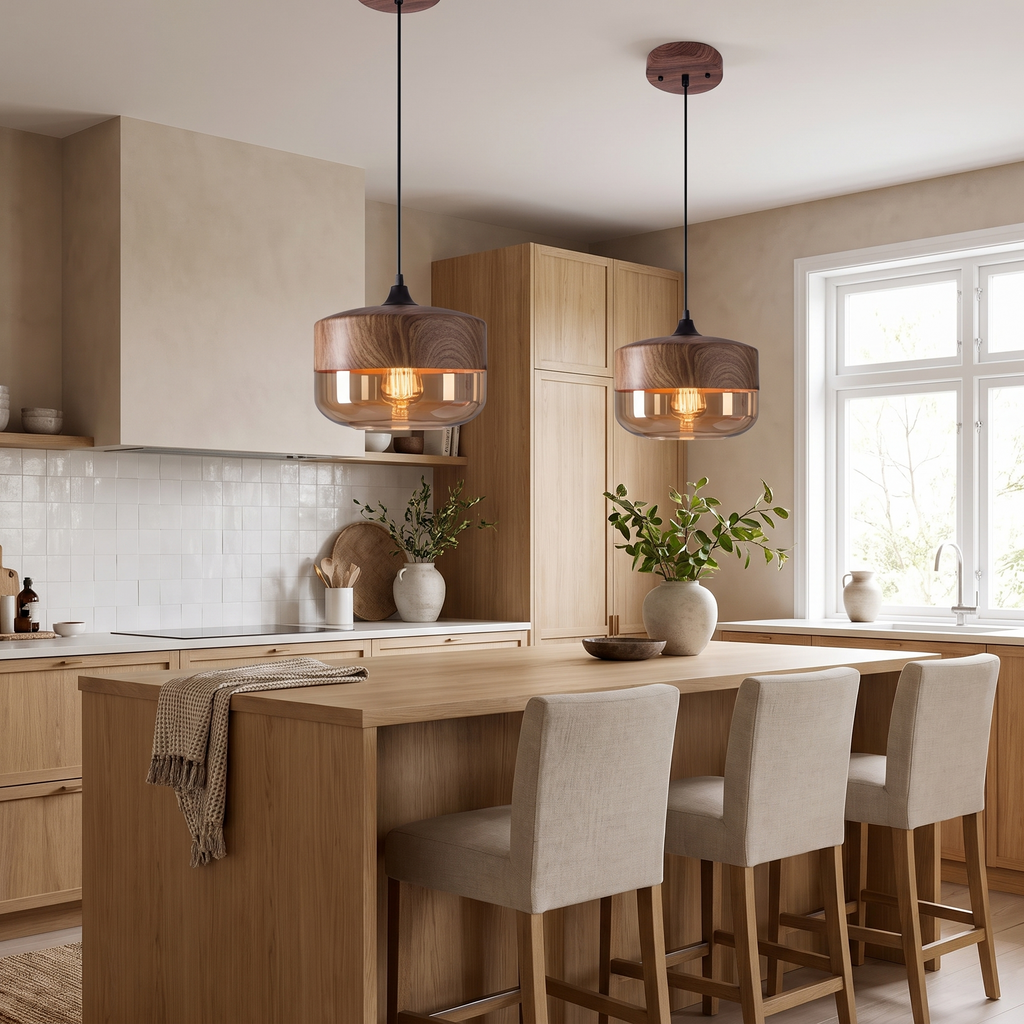 Haderslev Amber Glass Pendant Light, Wood Grain Cap, 4 Shapes in a room