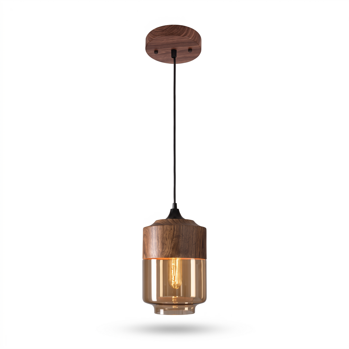 Haderslev Amber Glass Pendant Light, Wood Grain Cap, 4 Shapes, Lantern