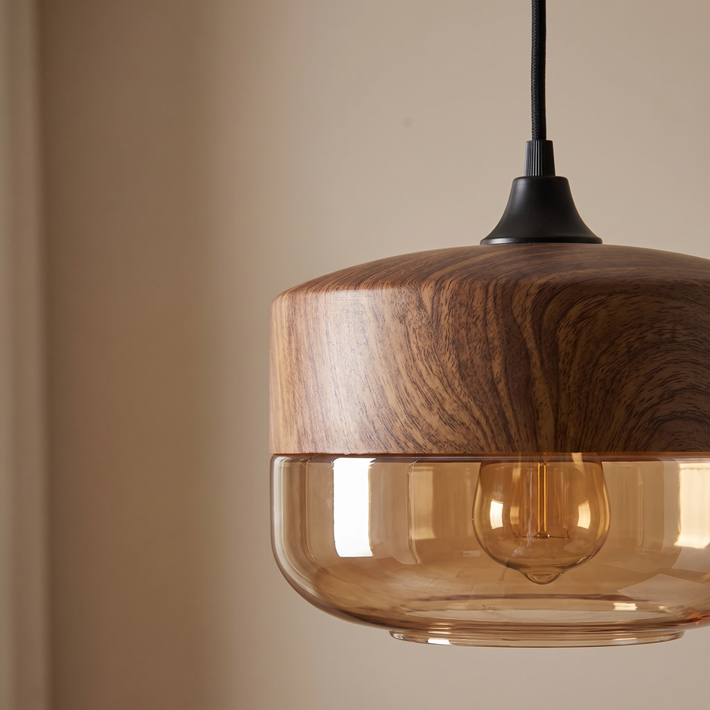 Haderslev Amber Glass Pendant Light, Wood Grain Cap, 4 Shapes, detail