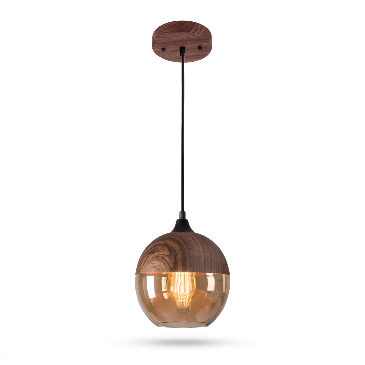 Haderslev Amber Glass Pendant Light, Wood Grain Cap, 4 Shapes, Globe