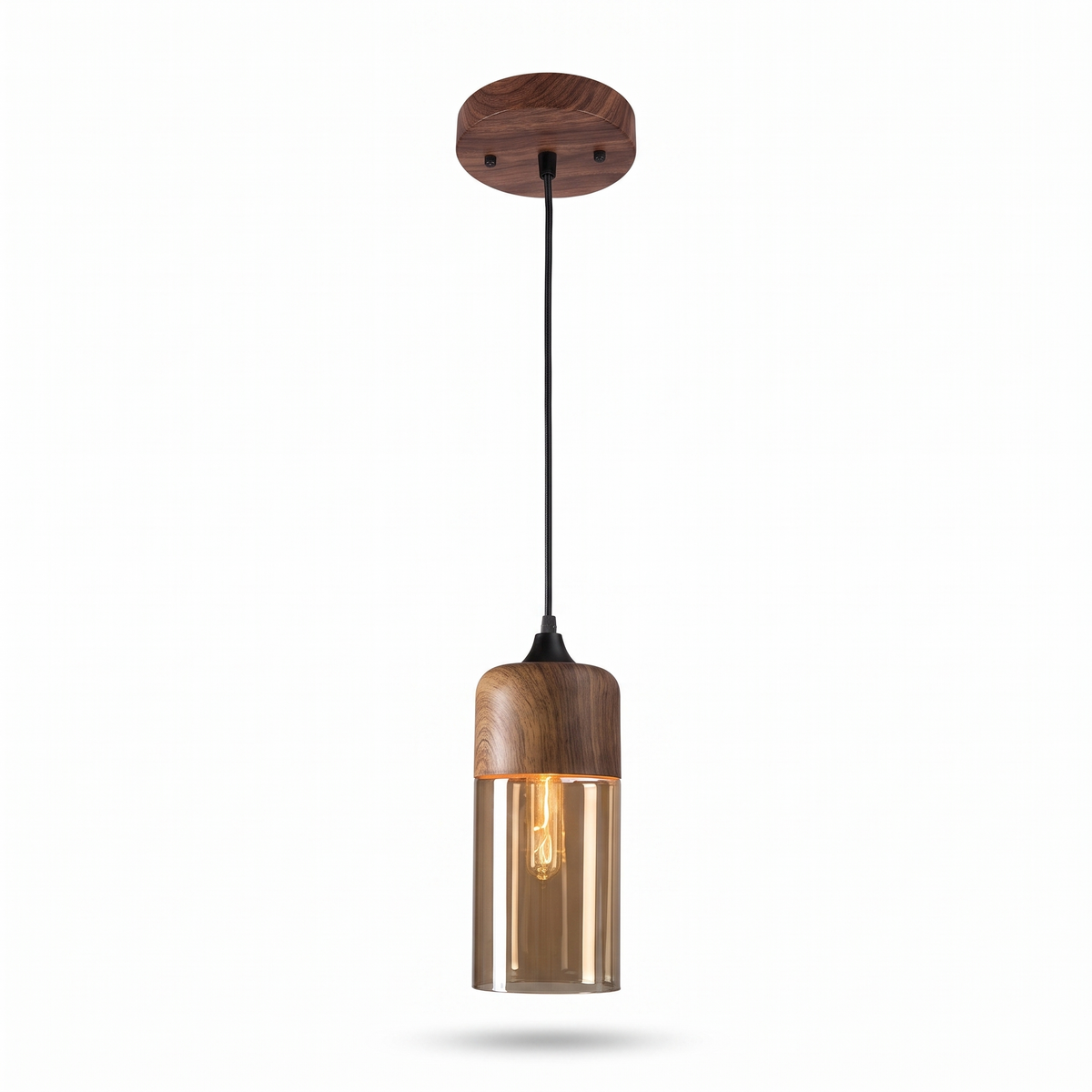 Haderslev Amber Glass Pendant Light, Wood Grain Cap, 4 Shapes, Cylinder