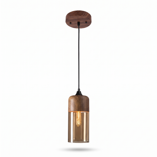 Haderslev Amber Glass Pendant Light, Wood Grain Cap, 4 Shapes, Cylinder