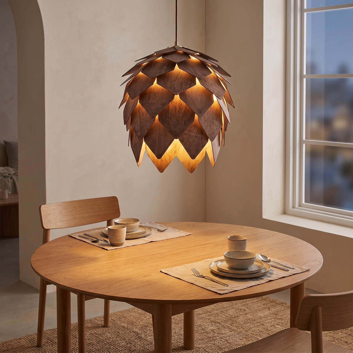 Lillehammer Wooden Pine Cone Pendant Light, Walnut Finish in a room