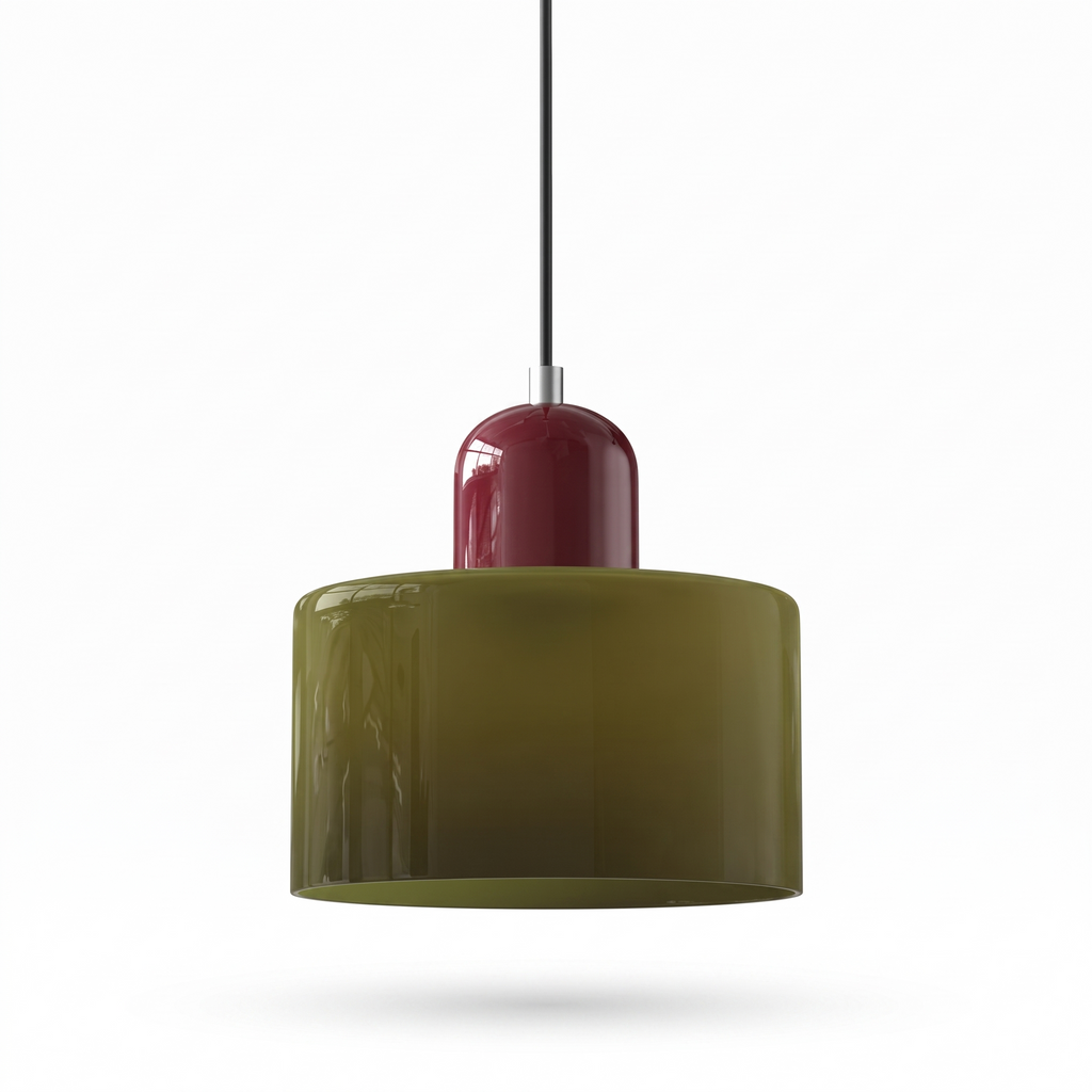 Erfurt Coloured Glass Cylinder Pendant Light, Burgundy Cap, Olive