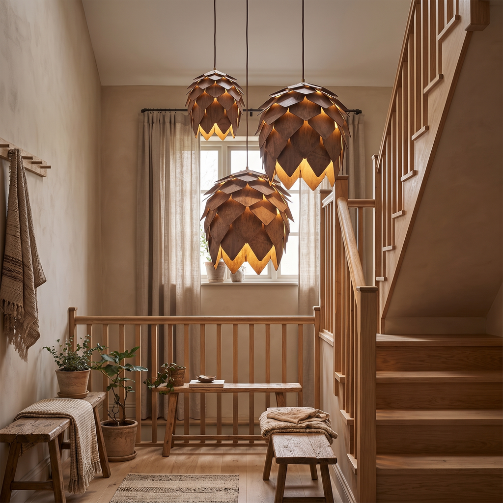Lillehammer Wooden Pine Cone Pendant Light, Walnut Finish in a room
