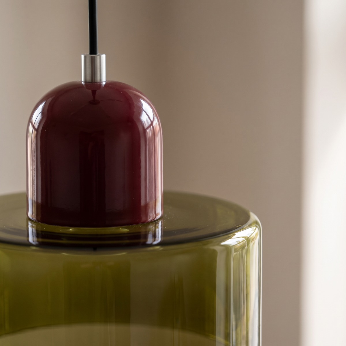 Erfurt Coloured Glass Cylinder Pendant Light, Burgundy Cap, detail