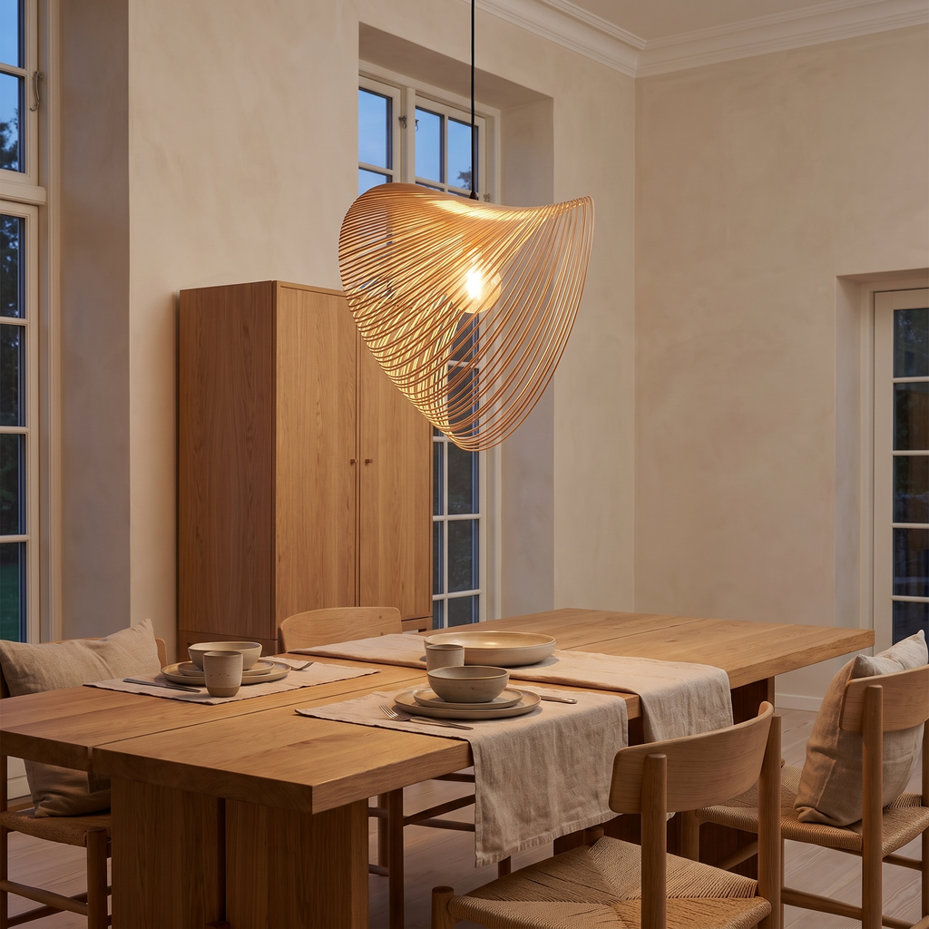 Alesund Sculptural Wood Strip Pendant Light, LED in a room