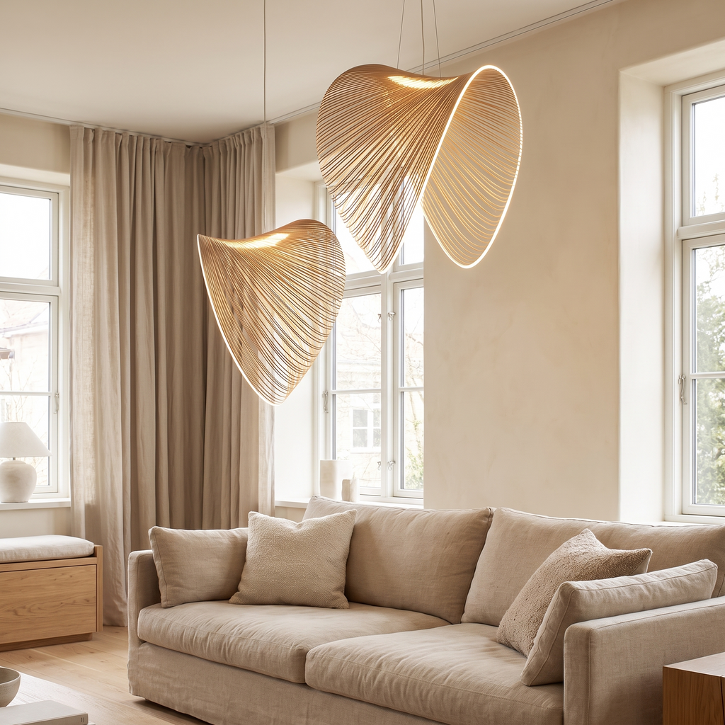 Alesund Sculptural Wood Strip Pendant Light, LED in a room