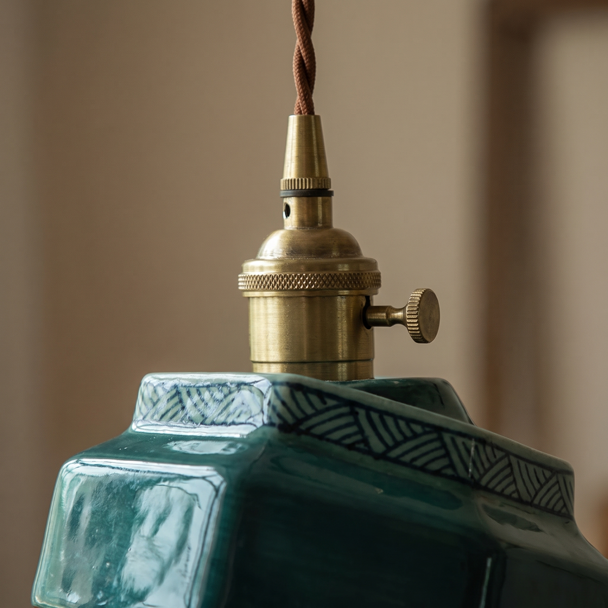Kempten Hand Painted Ceramic Pendant Light, Brass Holder, detail