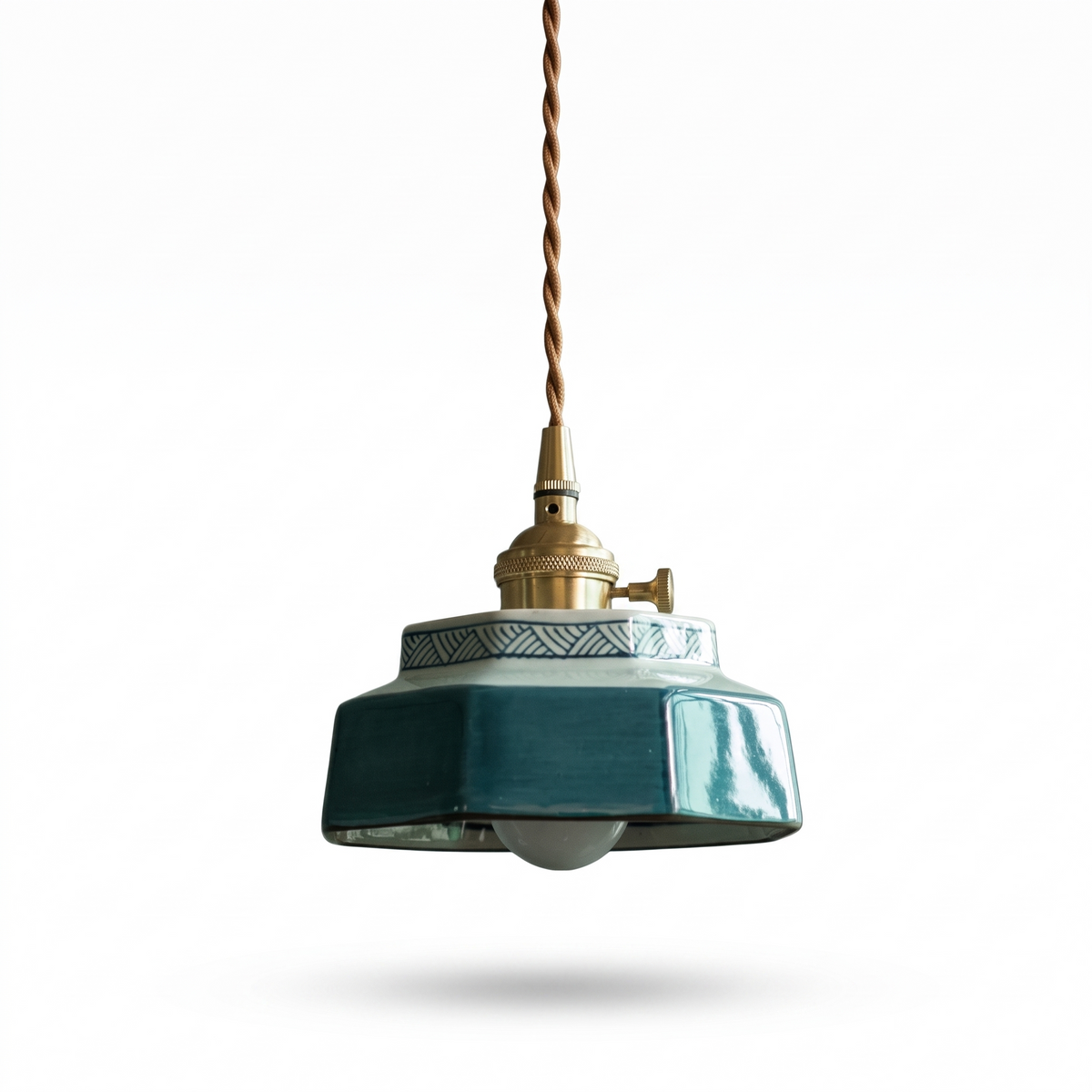 Kempten Hand Painted Ceramic Pendant Light, Brass Holder, Teal