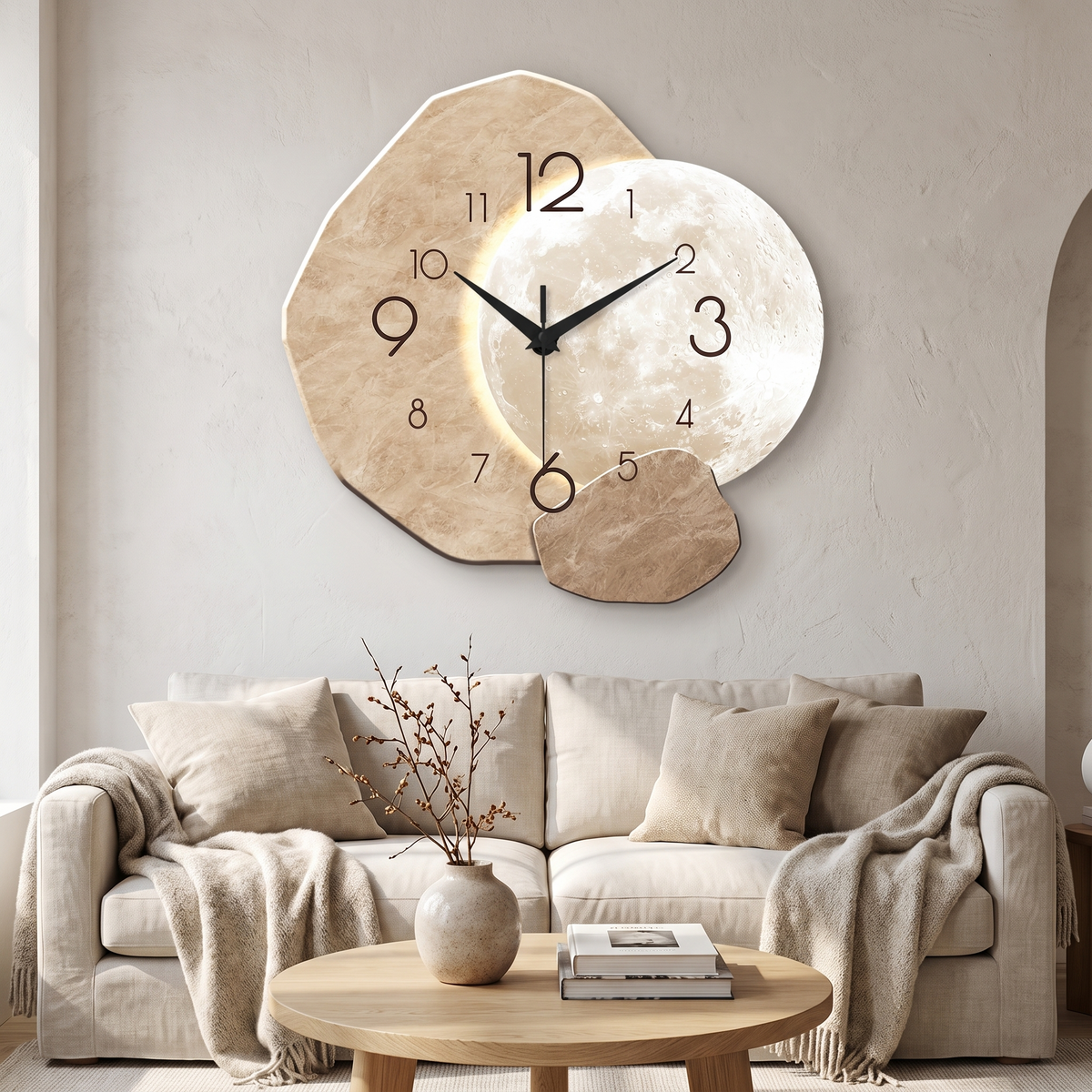 Orebro Moon and Stone Wall Clock, Silent, Printed Design in a room