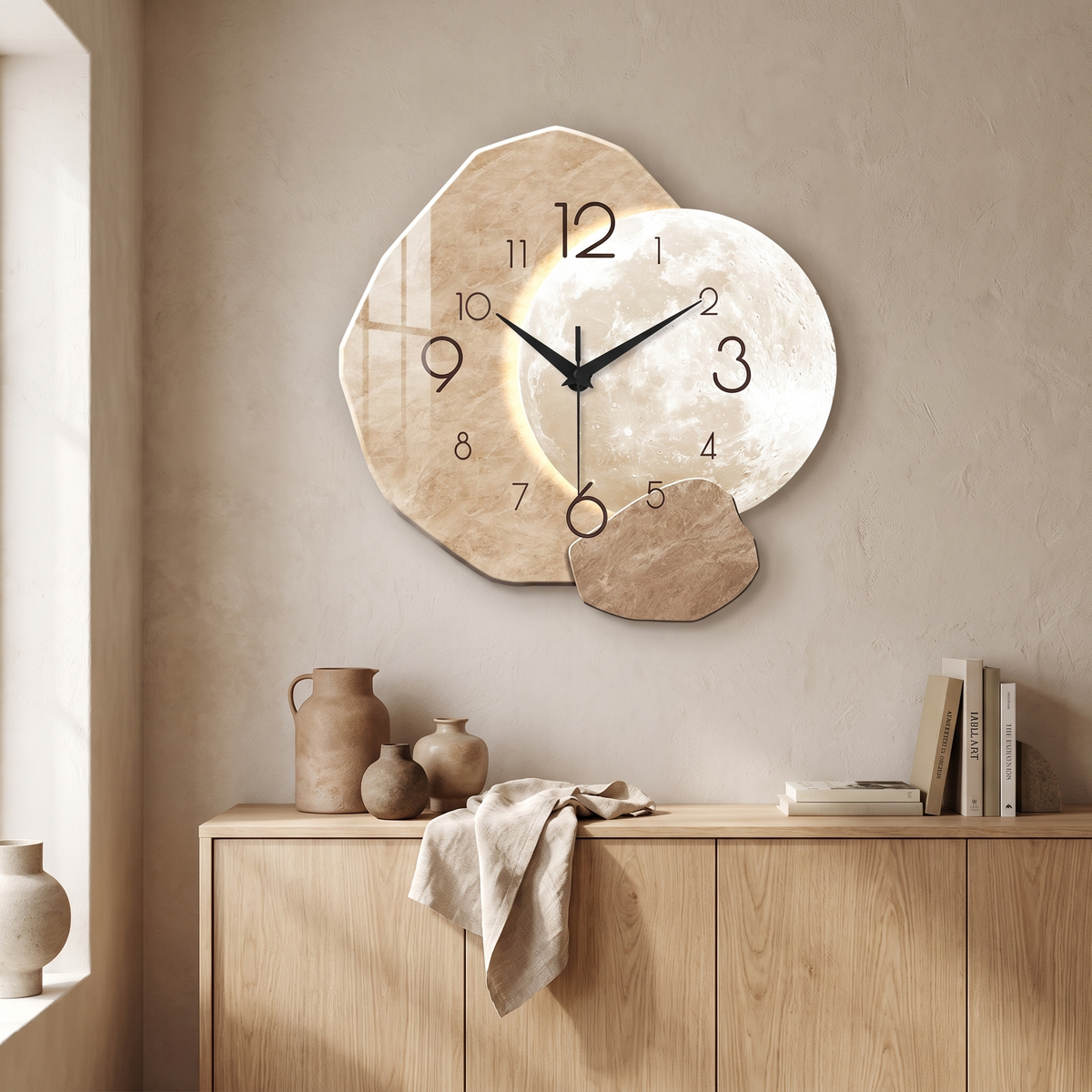 Orebro Moon and Stone Wall Clock, Silent, Printed Design in a room