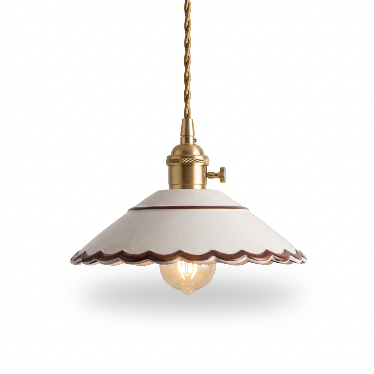 Kempten Hand Painted Ceramic Pendant Light, Brass Holder, White