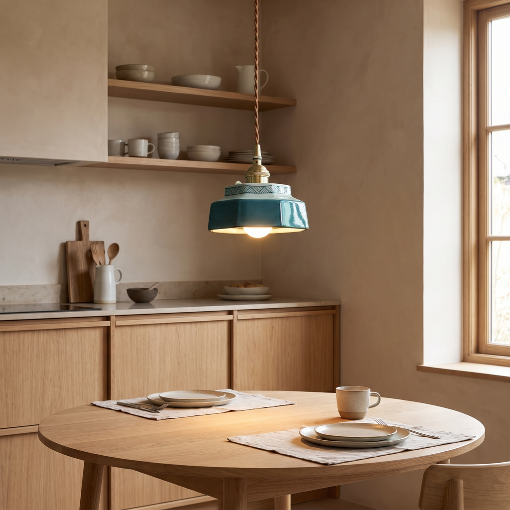 Kempten Hand Painted Ceramic Pendant Light, Brass Holder in a room