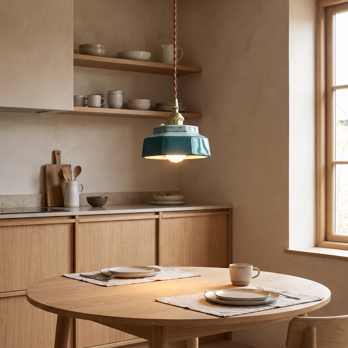 Kempten Hand Painted Ceramic Pendant Light, Brass Holder in a room